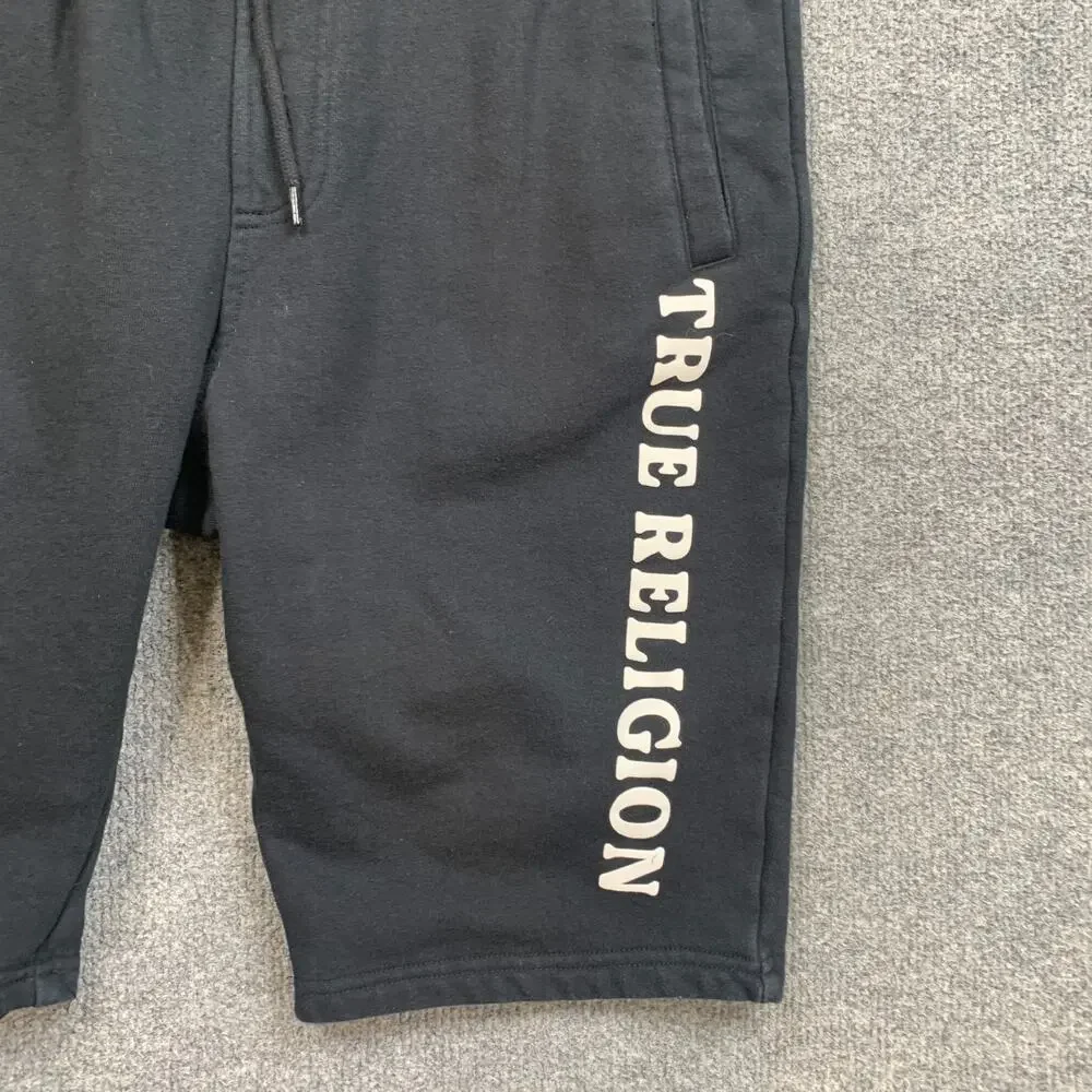 True Religion Shorts Mens L Large Black Fleece Sweat Loungewear Gym Training